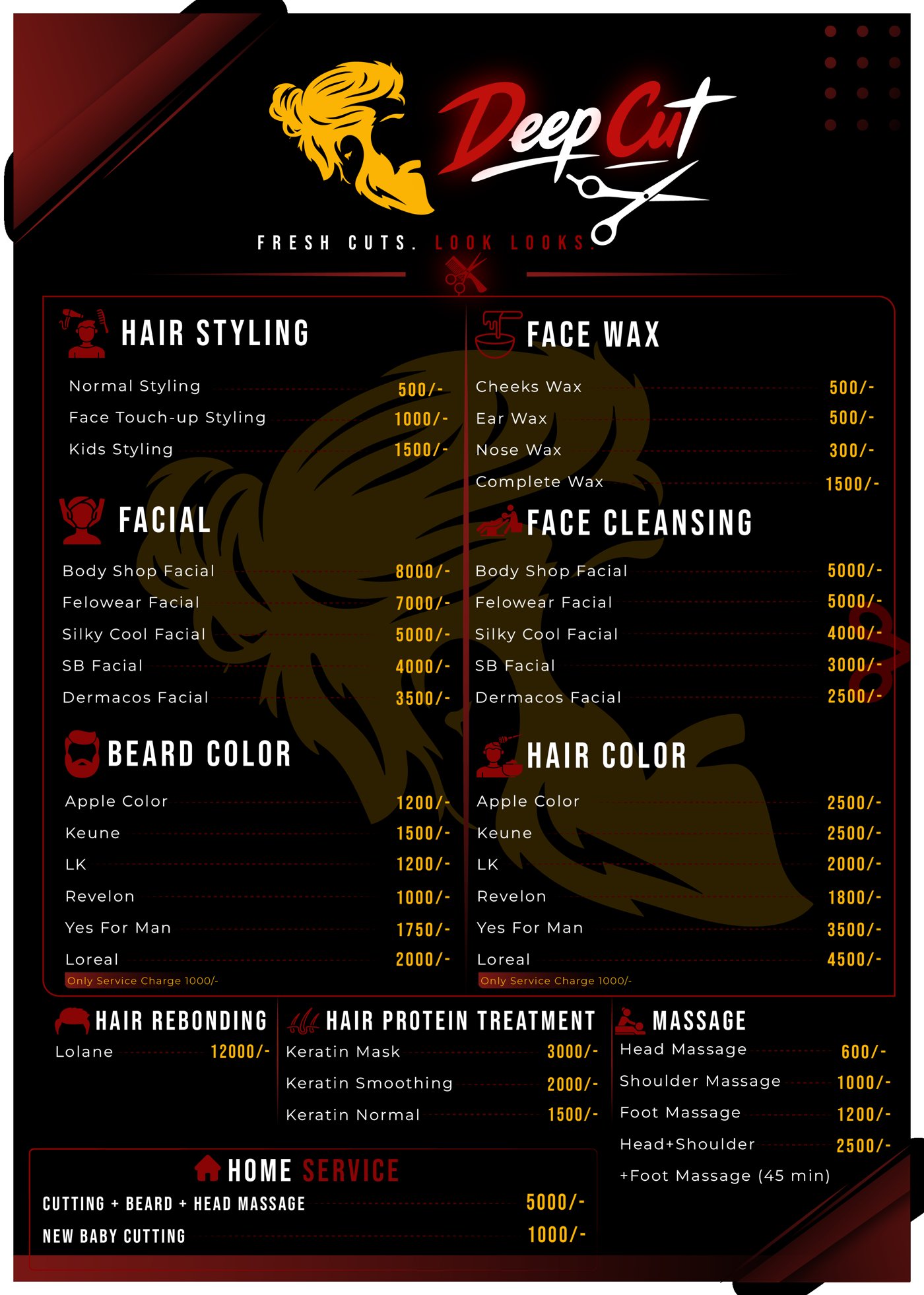 Deep Cut full service pricing menu design