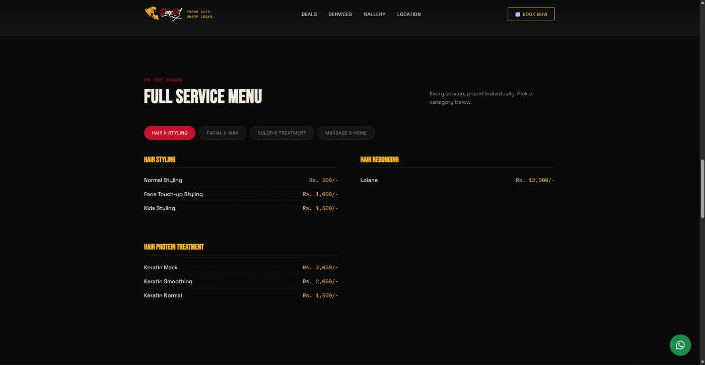 Deep Cut website full service menu page