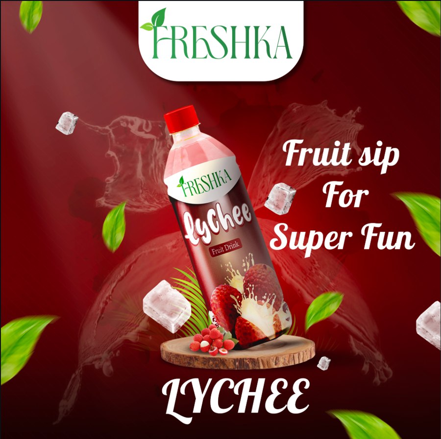 Freshka Lychee fruit drink social media post